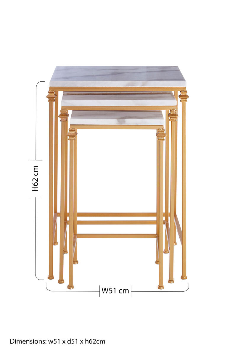 Set of 3 White Marble Tops Square Nesting Side Tables with Gold Finish Carved Metallic Legs | Avantis