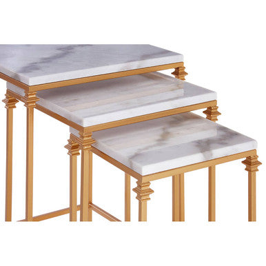 Set of 3 White Marble Tops Square Nesting Side Tables with Gold Finish Carved Metallic Legs | Avantis