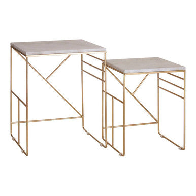 Set of 2 White Marble Square Nesting Tables with Champagne Finish Metallic Legs | Avantis
