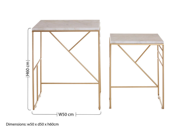 Set of 2 White Marble Square Nesting Tables with Champagne Finish Metallic Legs | Avantis