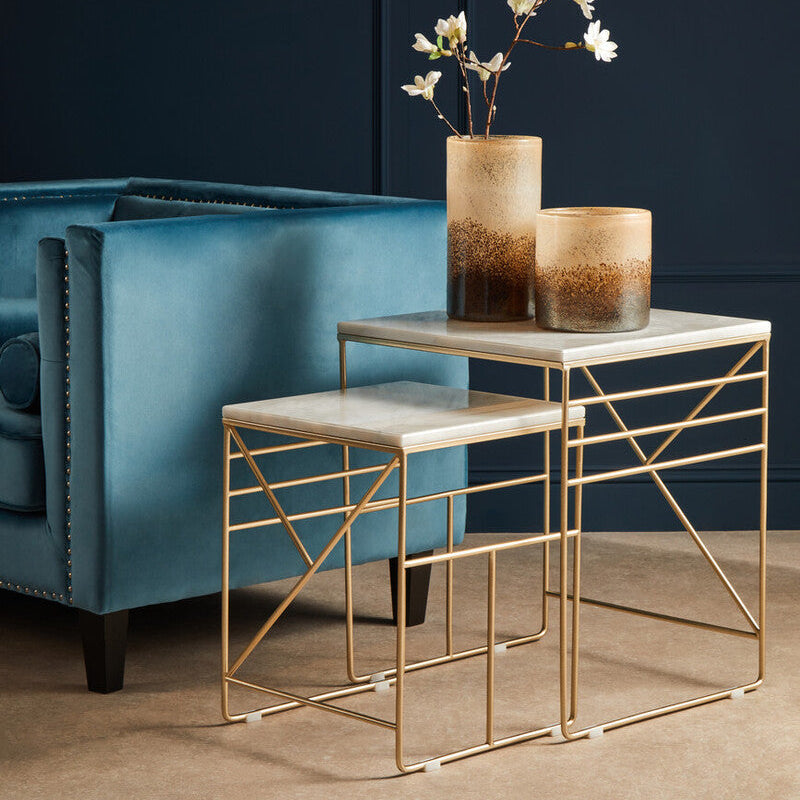 Set of 2 White Marble Square Nesting Tables with Champagne Finish Metallic Legs | Avantis
