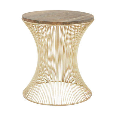 Natural Solid Rustic Wood Top Side Table with Gold Finish Metallic Hourglass Base | Templar