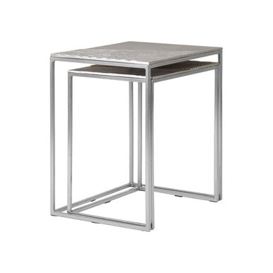 Silver Nickel Set of Two Rectangular Nesting Tables with Textured Aluminium Tops and Sleek Iron Frame | Templar