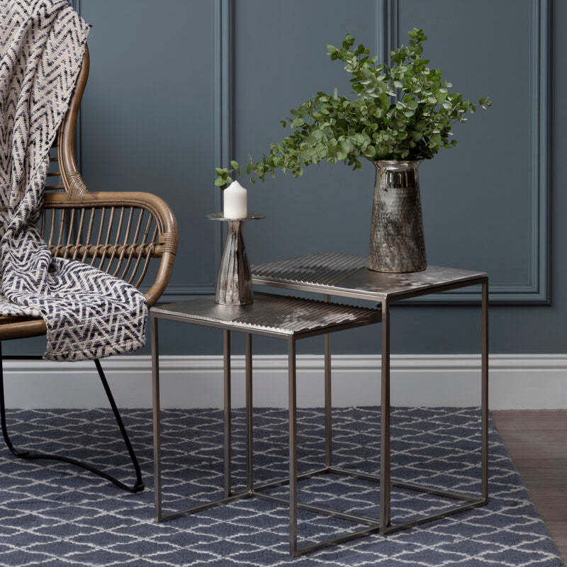 Silver Nickel Set of Two Rectangular Nesting Tables with Textured Aluminium Tops and Sleek Iron Frame | Templar