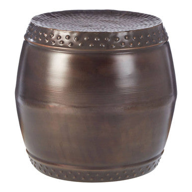 Metallic Brown Iron Set of 2 Drum Style Side Tables with Hammered Tops | Reza