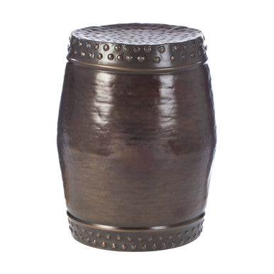 Metallic Brown Iron Set of 2 Drum Style Side Tables with Hammered Tops | Reza