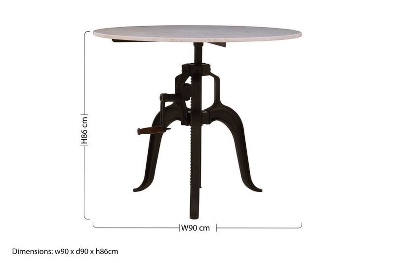 White Marble Top Small Bar Table with Black Iron Cabriole Legs and Crank Mechanism | Vasco