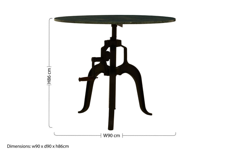 Green Marble Top Small Bar Table with Black Iron Cabriole Legs and Crank Mechanism | Vasco