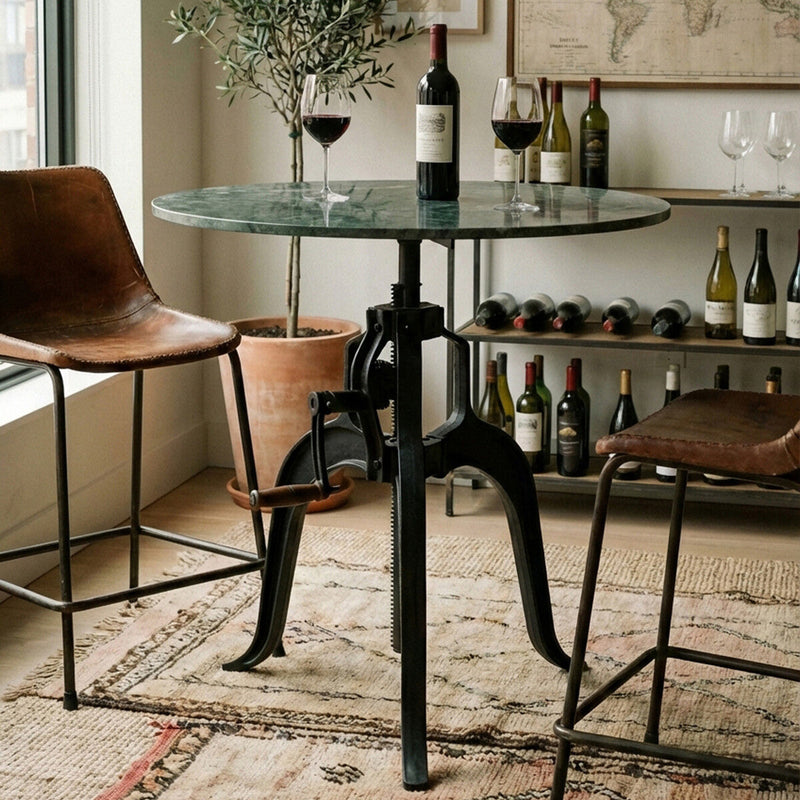 Green Marble Top Small Bar Table with Black Iron Cabriole Legs and Crank Mechanism | Vasco
