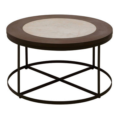 Brown Wood and White Marble Top Coffee Table with Black Iron Intersecting Base | Vasco