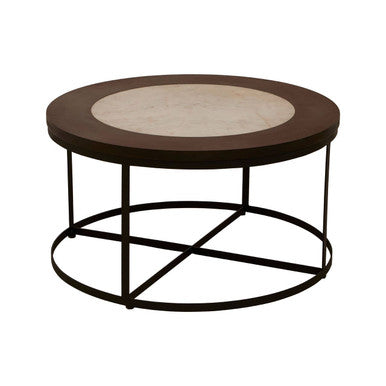 Brown Wood and White Marble Top Coffee Table with Black Iron Intersecting Base | Vasco