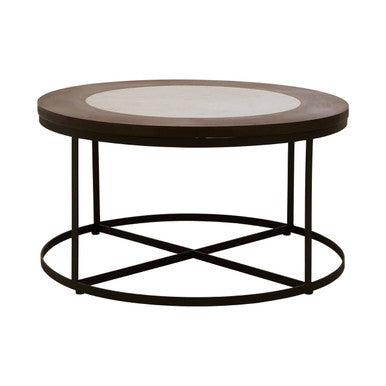 Brown Wood and White Marble Top Coffee Table with Black Iron Intersecting Base | Vasco