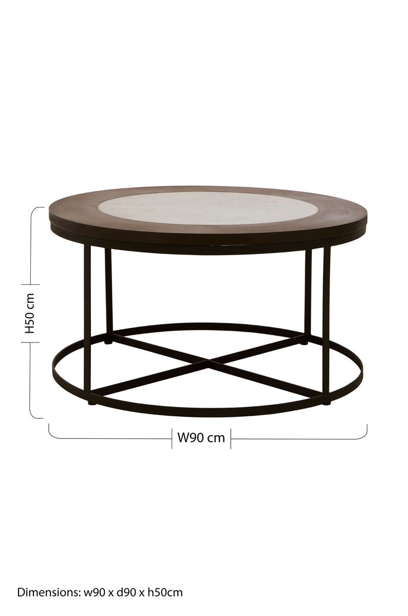 Brown Wood and White Marble Top Coffee Table with Black Iron Intersecting Base | Vasco