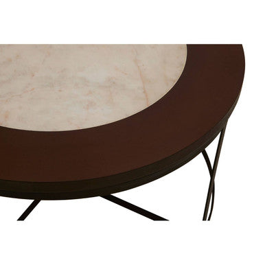 Brown Wood and White Marble Top Coffee Table with Black Iron Intersecting Base | Vasco