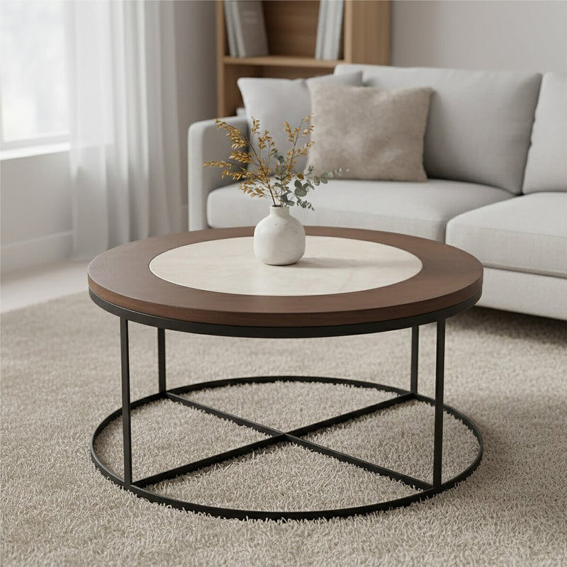 Brown Wood and White Marble Top Coffee Table with Black Iron Intersecting Base | Vasco