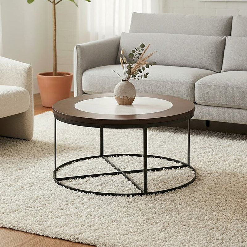 Brown Wood and White Marble Top Coffee Table with Black Iron Intersecting Base | Vasco