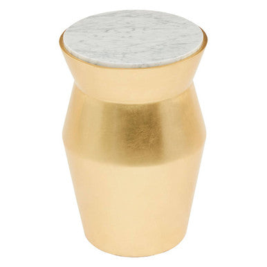 Large Gold Drum Wood Side Table with White Marble Top | Lino