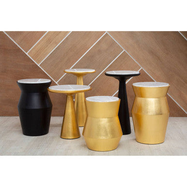 Large Gold Drum Wood Side Table with White Marble Top | Lino