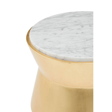 Large Gold Drum Wood Side Table with White Marble Top | Lino
