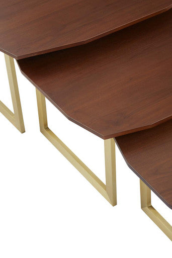 Set of 3 Brown Walnut Wood Nesting Side Tables with Gold Finish Metal Legs | Villi