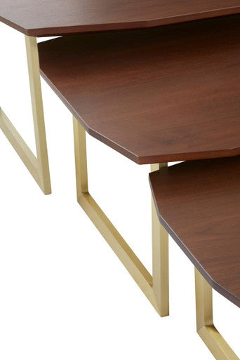 Set of 3 Brown Walnut Wood Nesting Side Tables with Gold Finish Metal Legs | Villi