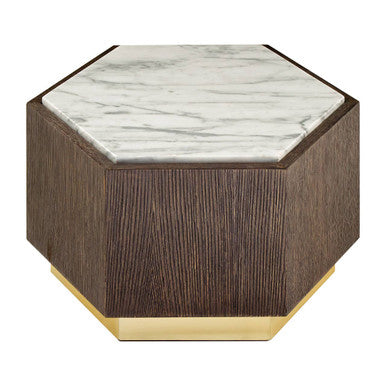 Dark Oak Hexagon Wood Side Table with White and Grey Marble Top and Gold Finish Metallic Base | Villi