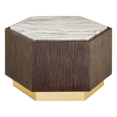 Dark Oak Hexagon Wood Side Table with White and Grey Marble Top and Gold Finish Metallic Base | Villi