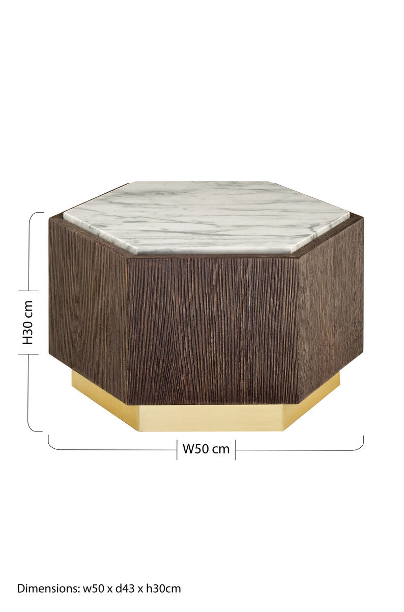 Dark Oak Hexagon Wood Side Table with White and Grey Marble Top and Gold Finish Metallic Base | Villi
