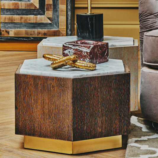 Dark Oak Hexagon Wood Side Table with White and Grey Marble Top and Gold Finish Metallic Base | Villi