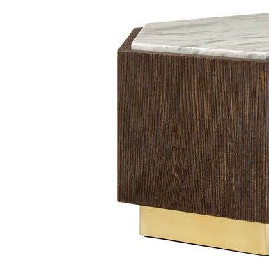 Dark Oak Hexagon Wood Side Table with White and Grey Marble Top and Gold Finish Metallic Base | Villi