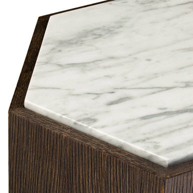 Dark Oak Hexagon Wood Side Table with White and Grey Marble Top and Gold Finish Metallic Base | Villi