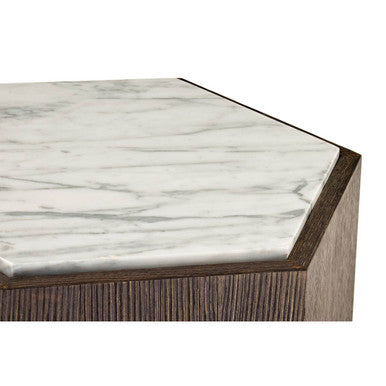 Dark Oak Hexagon Wood Side Table with White and Grey Marble Top and Gold Finish Metallic Base | Villi