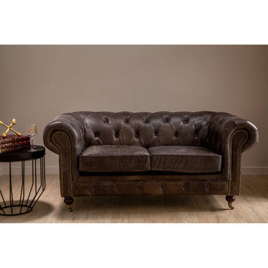 2 Seater Dark Grey Brown Leather Chesterfield Sofa | Victor