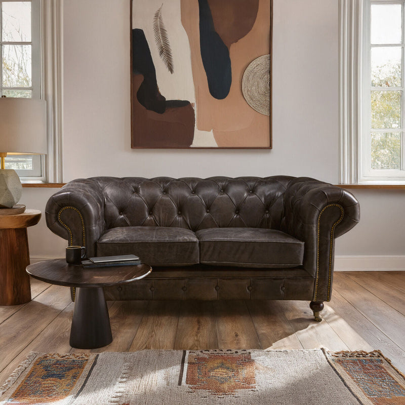 2 Seater Dark Grey Brown Leather Chesterfield Sofa | Victor