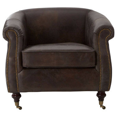 Dark Grey Brown Leather Curved Armchair | Victor