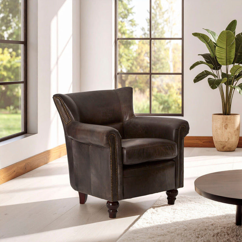 Dark Grey Brown Leather Armchair | Victor