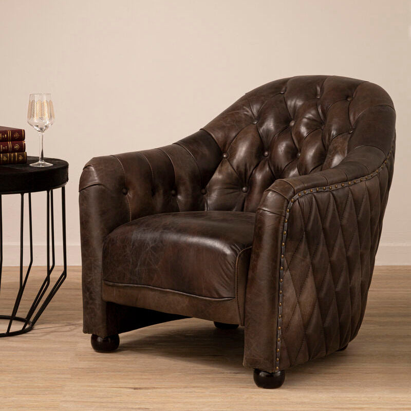 Dark Grey Brown Leather Tub Chair | Victor