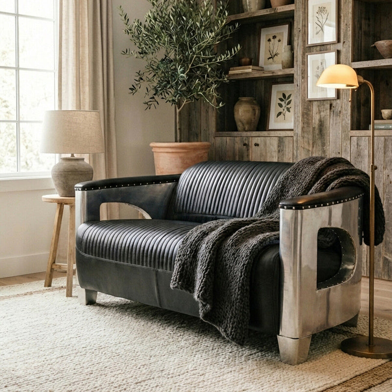 2 Seater Black Leather Sofa | Victor