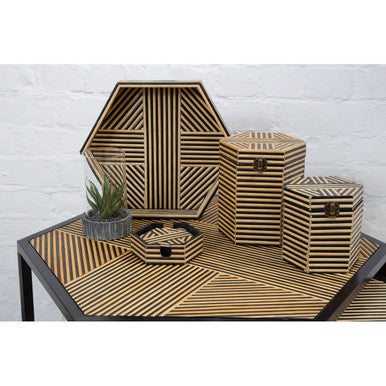Set of 2 Natural Wood and Black Hexagon Side Tables with Black Metal Frame | Babita