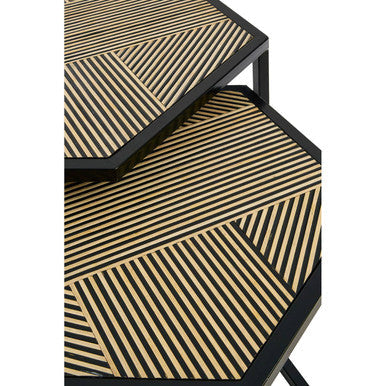 Set of 2 Natural Wood and Black Hexagon Side Tables with Black Metal Frame | Babita