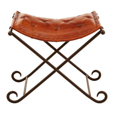 Tan Leather and Iron Folding Stool | Buffalo