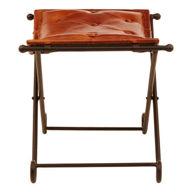 Tan Leather and Iron Folding Stool | Buffalo