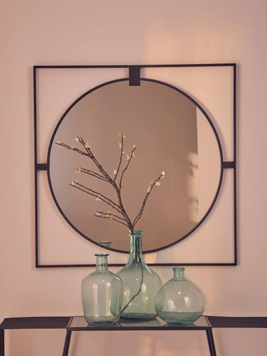 Large Square Black Metal Frame Round Insert Wall Mirror | Trento