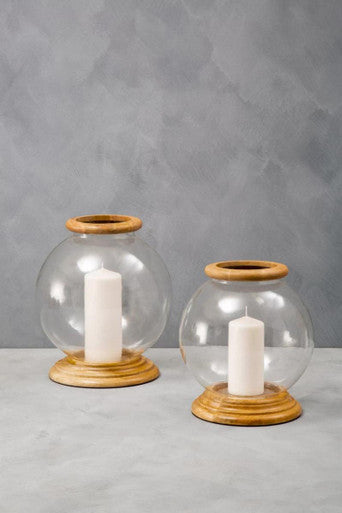 Hurricane Small Candle Holder with Wood Rim | Hampstead