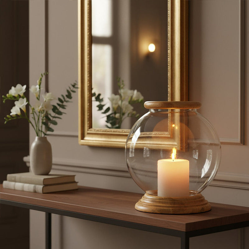 Hurricane Small Candle Holder with Wood Rim | Hampstead