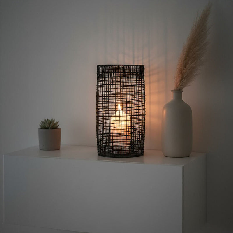 Large Black Woven Wire Candle Holder with Glass Insert | Trento