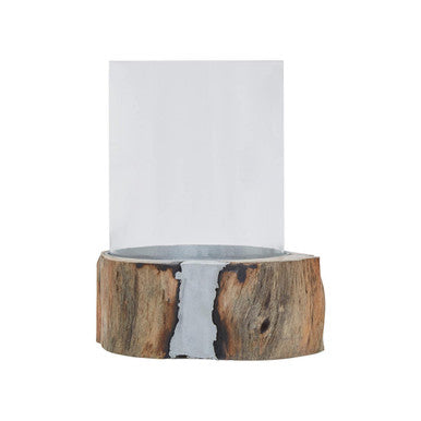 Small Acacia and Glass Hurricane Candle Holder | Almora