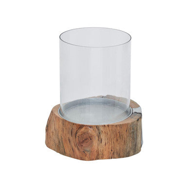 Small Acacia and Glass Hurricane Candle Holder | Almora