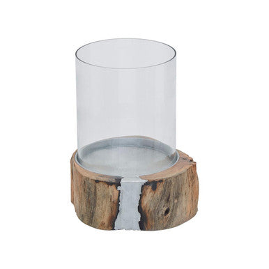 Small Acacia and Glass Hurricane Candle Holder | Almora