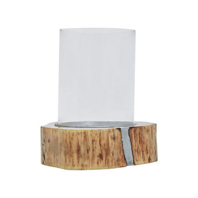Large Acacia and Glass Hurricane Candle Holder | Almora